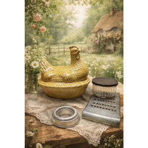 Vintage USA Pottery Hen on Nest #426 • Golden Harvest Farmhouse Decor